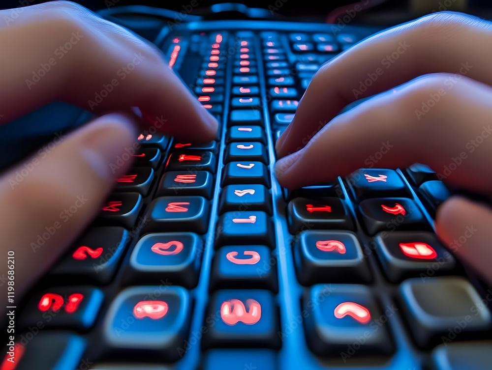 Aufkleber fingers quickly typing on an illuminated keyboard with red glowing keys in a dramatic close-up.