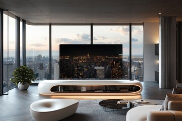 Modern living room with large curved 4K LED television display