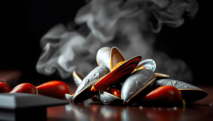 mussel meal on black background. Generative AI