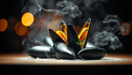 mussel meal on black background. Generative AI