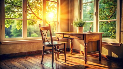 Fototapeta premium Vintage Desk Chair Window Sunlight Bright Interior Room Photography