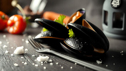 mussel meal on black background. Generative AI