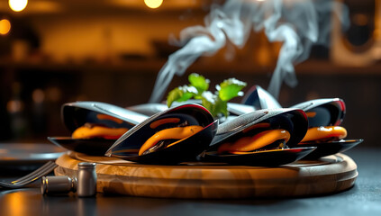 mussel meal on black background. Generative AI