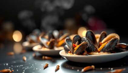 mussel meal on black background. Generative AI