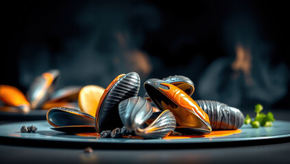 mussel meal on black background. Generative AI