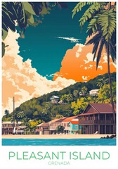 Obraz premium Pleasant island Grenada Travel Poster Flat Illustration Print Decor Gift Canvas Wall Art Gift
