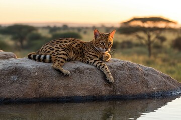 Adult Savannah cat relaxing on rock beside shallow waterhole at golden hour