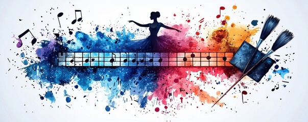 Colorful artistic depiction of dance and music with film elements
