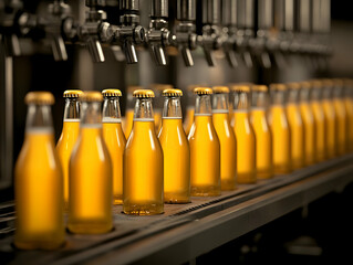 Bottles of Golden Beverage Move Along Conveyor Belt Under Filling Taps in Factory Setting