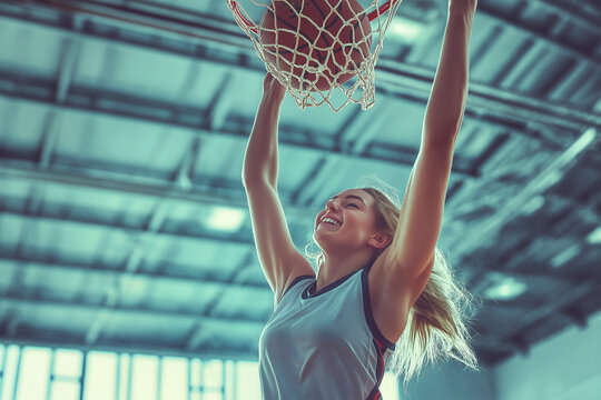 Young woman basketball player dunking and scoring during a match