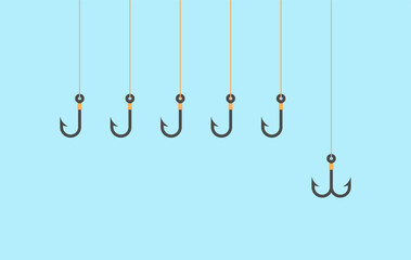 Scam concept. Fishing hooks icons on blue background