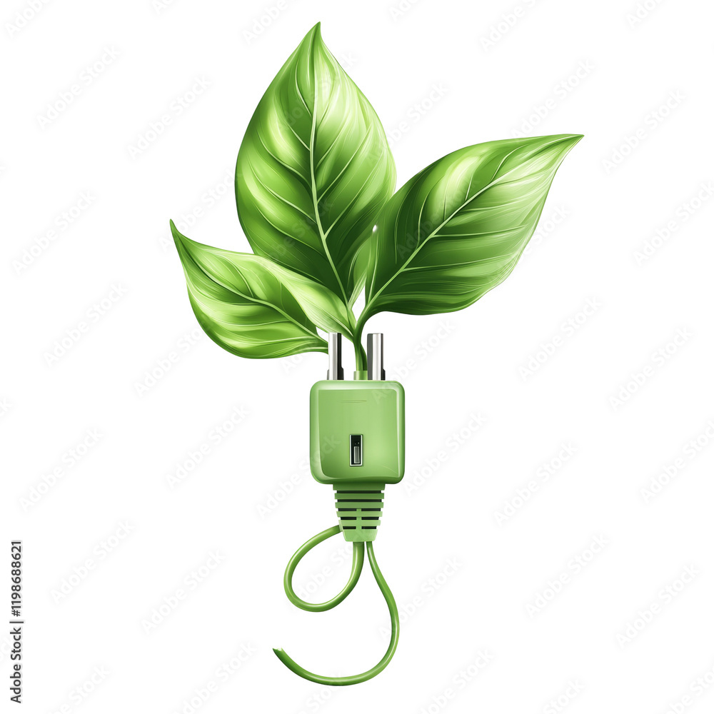 Poster the image depicts a green electrical plug with three leaves sprouting from it symbolizing green and 
