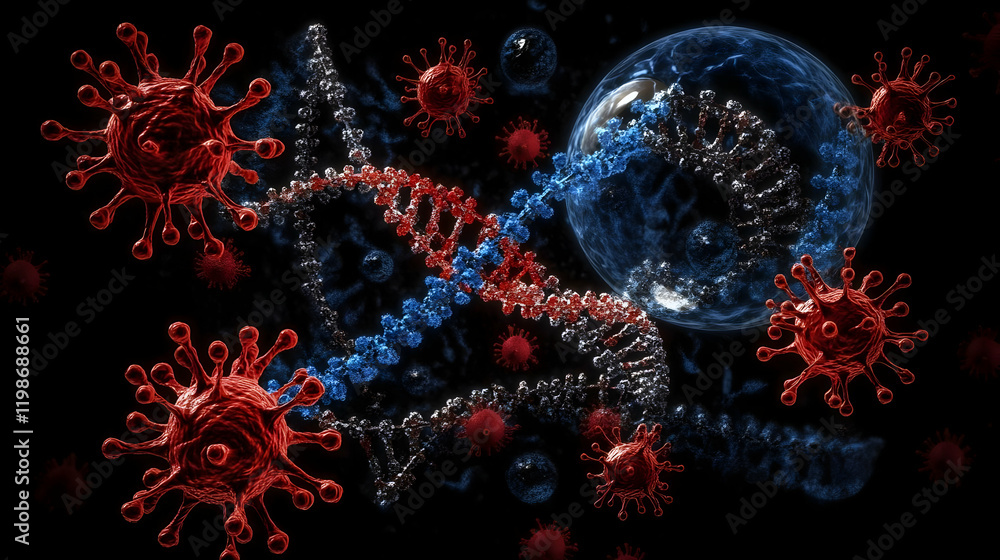 Poster 3d render of virus particles interacting with dna strands and cell on black background