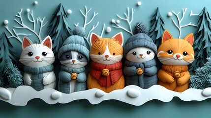 Papercut design of a group of pets in various winter outfits posing in a snowy forest