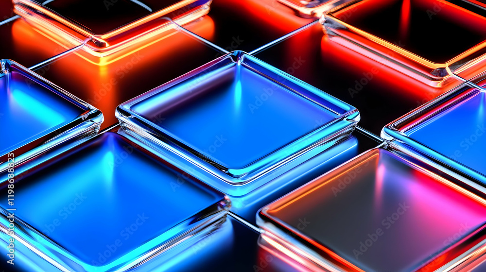 Poster 3d render of vibrant glass squares creates a colorful abstract background design with light and shad
