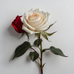 A single white rose with a red rose shadow on a white background.