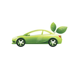 A green car with leaves sprouting from the back illustrating an eco friendly and sustainable vehicle concept.
