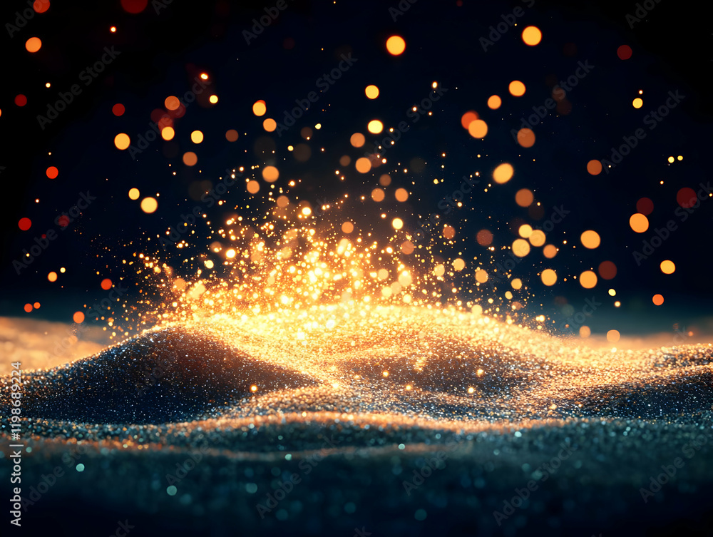 Poster golden glitter sparkles and shimmers on a dark background with bokeh effect
