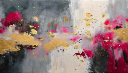 Abstract art with a blend of deep magenta, gold, and gray tones, featuring bold brushstrokes and shimmering gold accents for a vibrant, textured look.