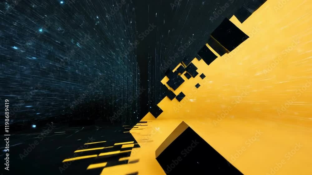 Poster dynamic abstract lines and patterns in vibrant yellow and black colors.