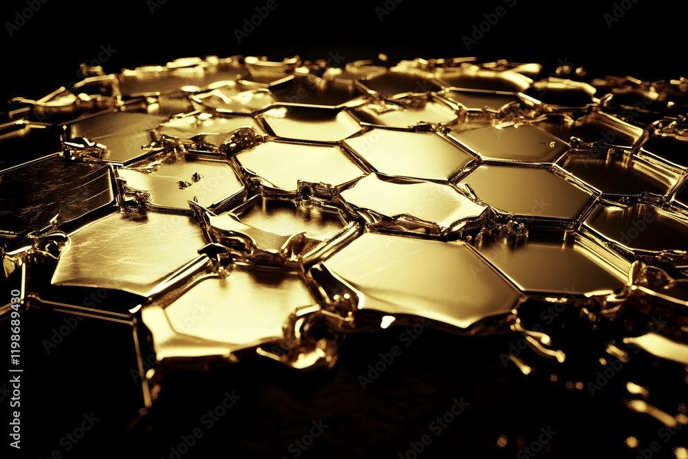 Aufkleber golden hexagonal surface with rough edges creates a visually striking and dynamic texture on a dark 