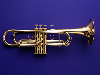 Obraz premium A shiny brass trumpet with intricate details, placed diagonally on a deep royal purple background.