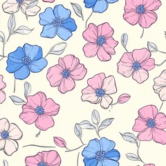 Pastel Pink and Blue Flowers Bloom Seamlessly in Delicate Pattern