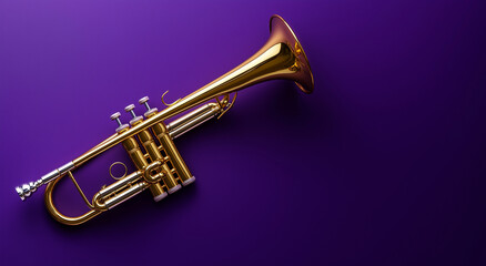 Fototapeta premium A shiny brass trumpet with intricate details, placed diagonally on a deep royal purple background.