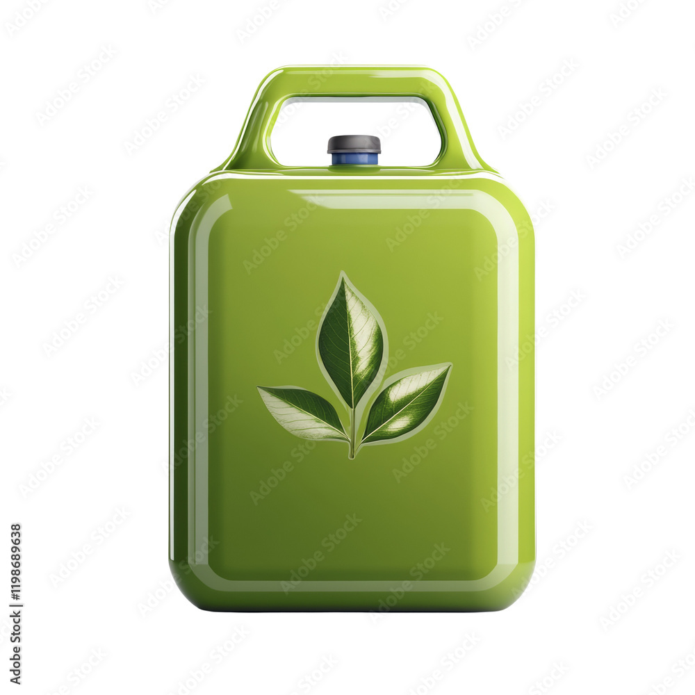 Poster a glossy green container with a handle and leaf design, representing biofuel.