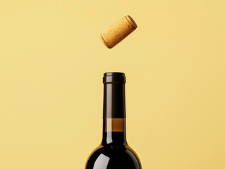 Minimalist stock photo of the open top of an unbranded wine bottle with no labels or graphics, and a single wine cork flying out from inside on a light yellow background.