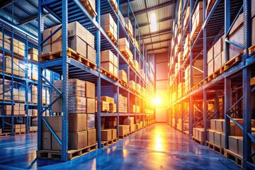 Fototapeta premium Warehouse Interior Photography: Shelves of Boxes, Industrial Storage, Logistics, Inventory Management