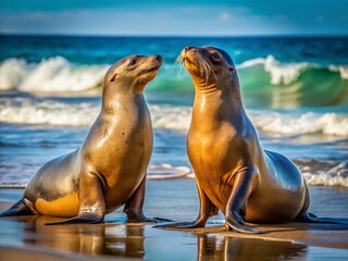 Fototapeta premium Playful California Sea Lions Couple Parade - Candid Wildlife Photo