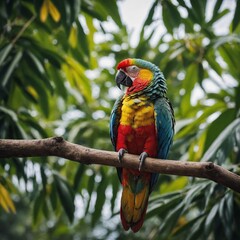 A colorful parrot sitting on a branch with its feathers glistening.
