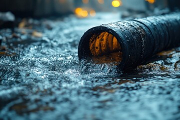 Obraz premium Water flows from a pipe into a flooded area creating ripples and reflections at dusk