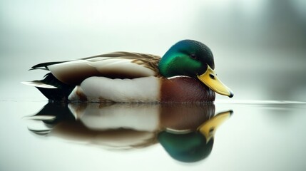 Male mallard duck resting on the calm water of a pond.