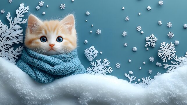 Papercut design of a kitten in a soft scarf sitting on a snow-covered branch