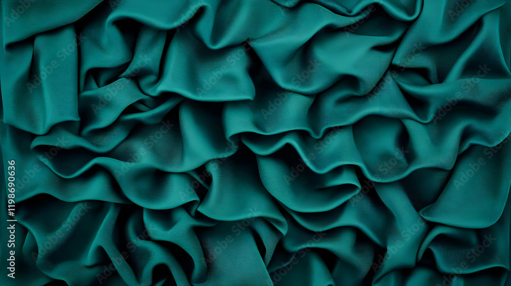 Poster luxurious teal fabric flows and creates elegant waves, a background for textiles or design projects.