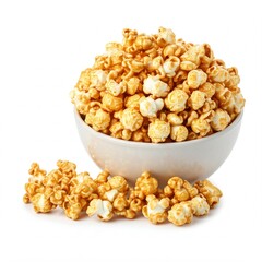 delicious caramel popcorn in white bowl isolated on white background