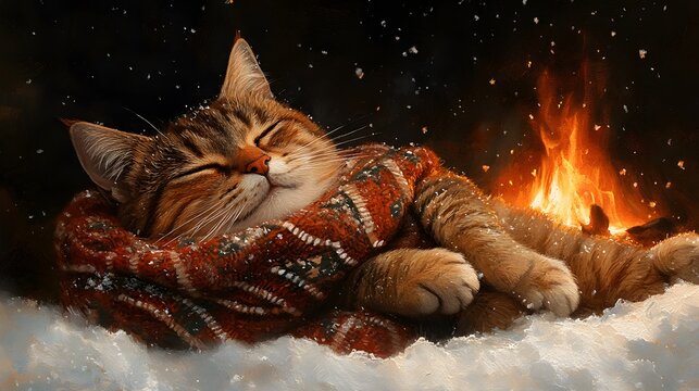 Watercolor of a cat in a patterned coat resting by a fire during snowfall
