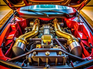 Powerful Sports Car Engine Bay: Detailed View of a Luxury Vehicle's Mechanics