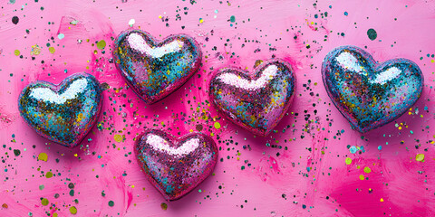 Abstract Glittering Hearts on a Vibrant Pink Background