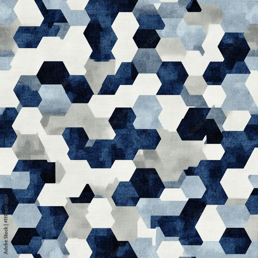 Poster digital air force camo texture, hexagonal pattern in shades of blue and gray, creating modern textil