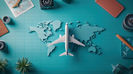 Airplane Icon: A miniature airplane model placed on a vintage world map, surrounded by travel accessories like a passport, compass, and camera, evoking a sense of wanderlust.