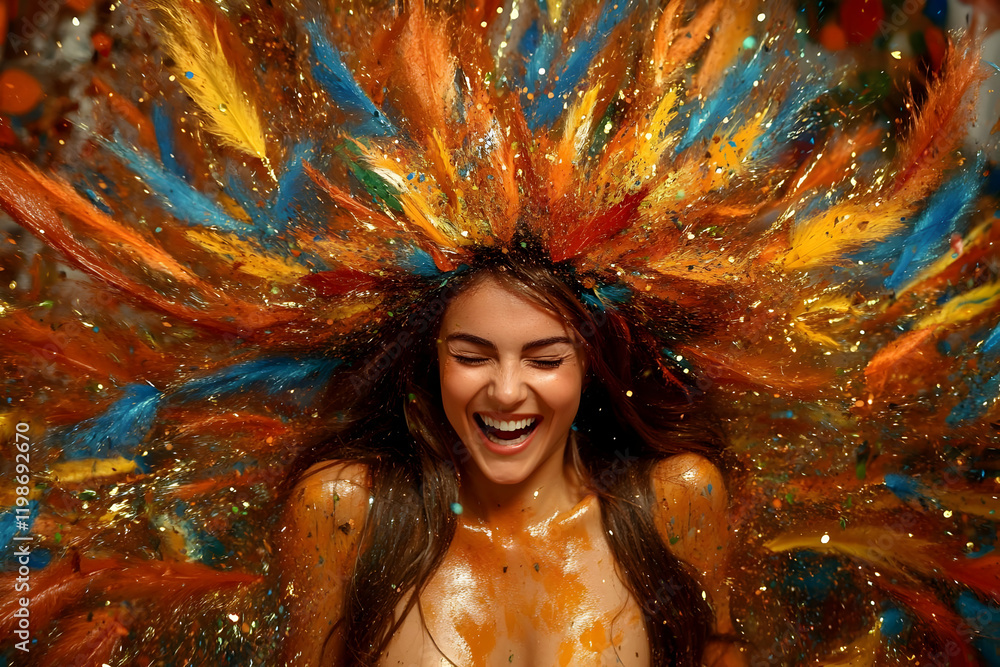 Poster woman laughs joyfully with colorful feathers and glitter exploding around her, creating a vibrant an