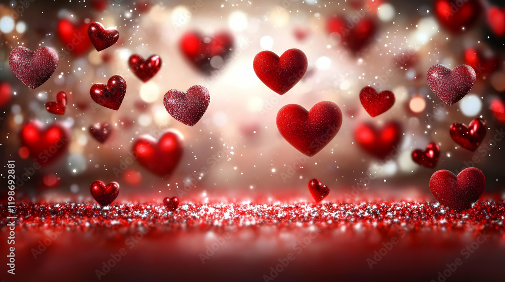Poster red hearts falling on glittering red surface with bokeh background