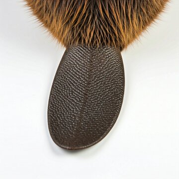 closeup of a brown furry beaver tail with a leather texture  on a white background