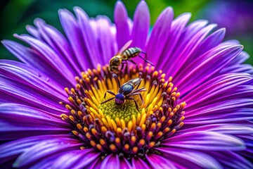Purple Flower with Insects: Architectural Detail, Vibrant Close-up