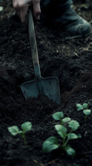 Gardener digging a hole in dark soil with a rustic shovel for planting