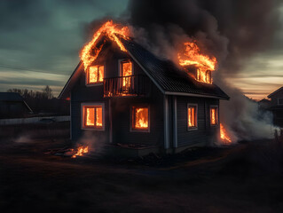 House Fire Burns Violently at Dusk, Engulfing the Structure in Flames Rapidly