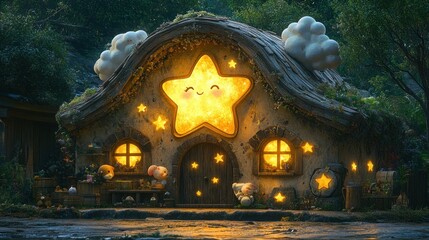 Fototapeta premium Starry night cottage with smiling star window.